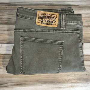 Grindhouse Jeans Men 40X34 Green Denim Distressed Ripped Stained Destroyed Zip